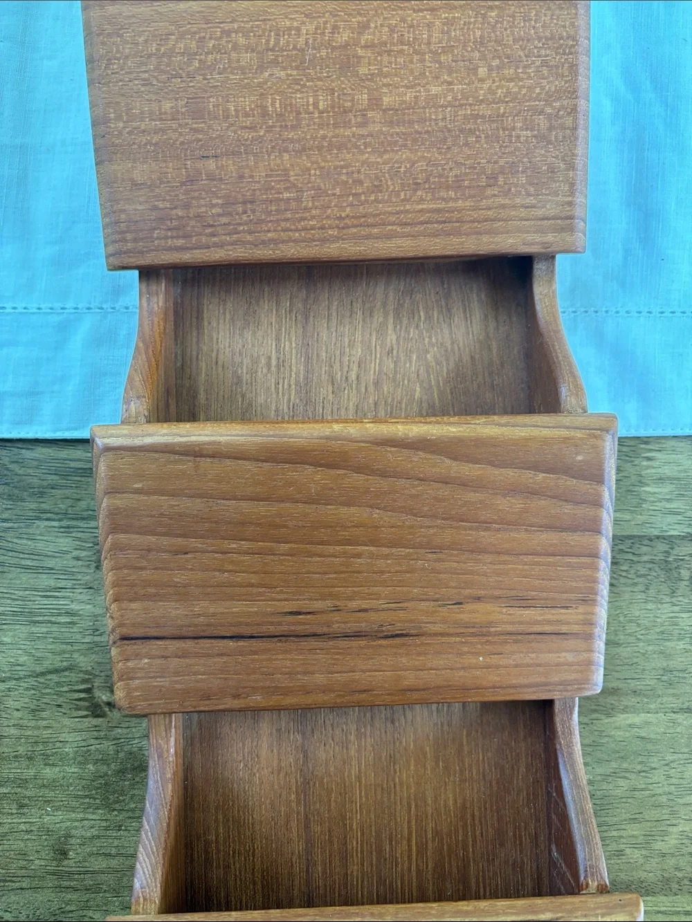 Vintage Goodwood Teak Wood Wall Organizer 3 Tier Entry Letter Holder & Key Hooks